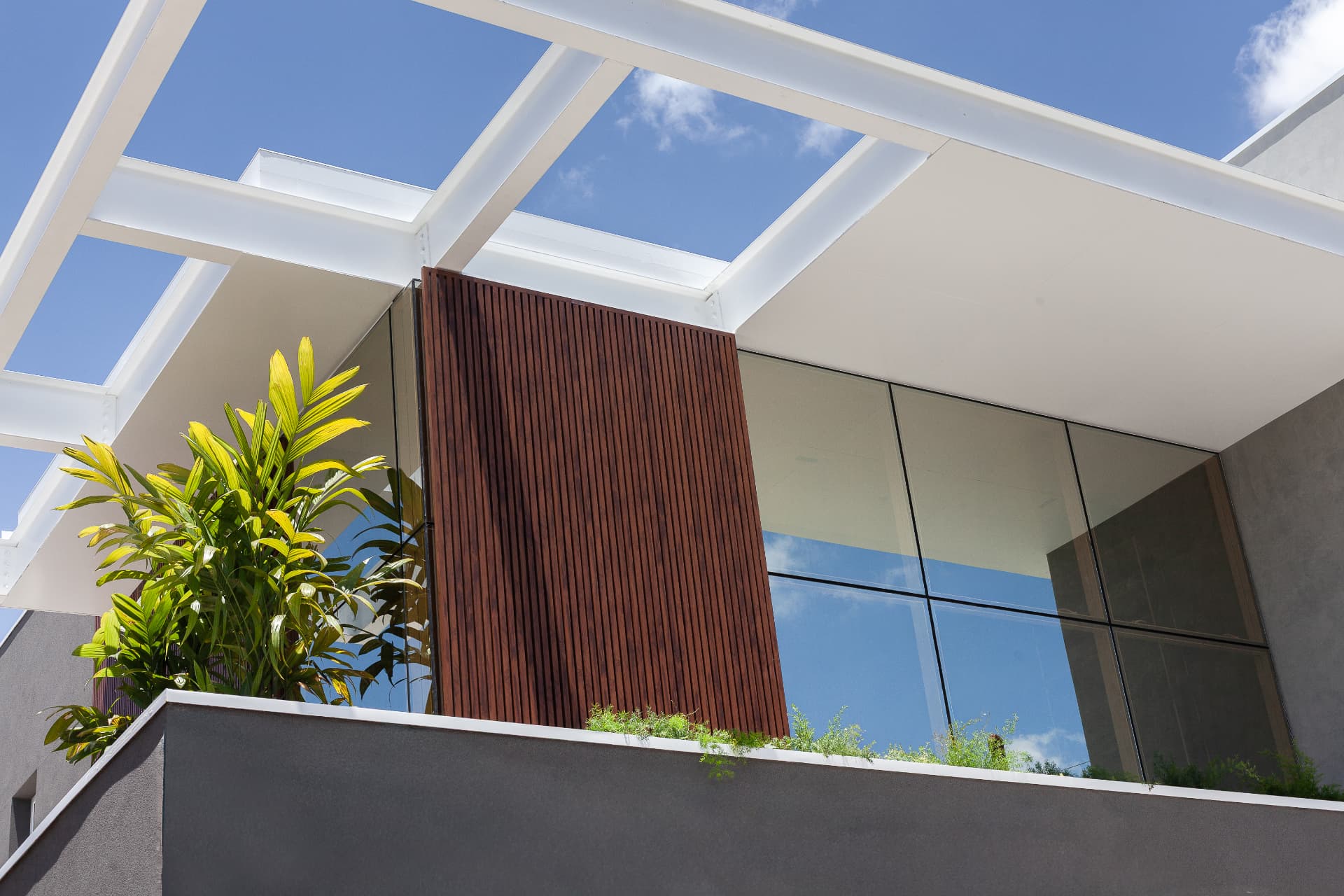 Detalhe de fachada contemporânea com pergolado branco, painel de madeira ripada, janelas de vidro e jardim com folhagem tropical sob céu azul