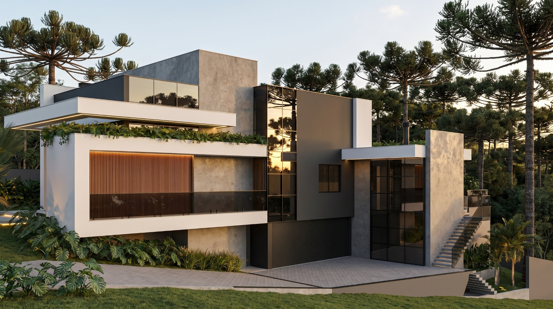 Contemporary residence in Curitiba with a white facade, wooden slatted panel, large glass openings and a garden with araucaria trees at sunset